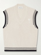 AMI PARIS - Logo-Appliquéd Striped Ribbed Wool and Cotton-Blend Vest - White