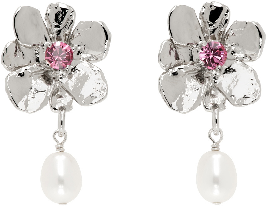 LA発 ! FLOWER PEARL DROP EARRINGS IN SILVER【MOND MONDO】 Mondo Mondo Silver Flower Pearl Drop Earrings Mondo Mondo