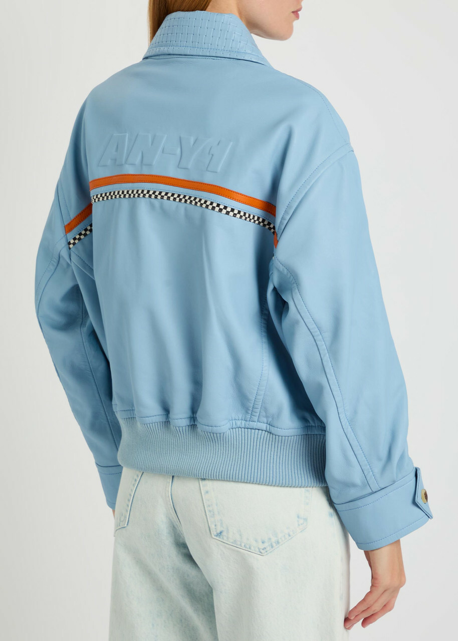 AN-Y1 Cargo Bomber Logo-embossed Leather Bomber Jacket Light Blue