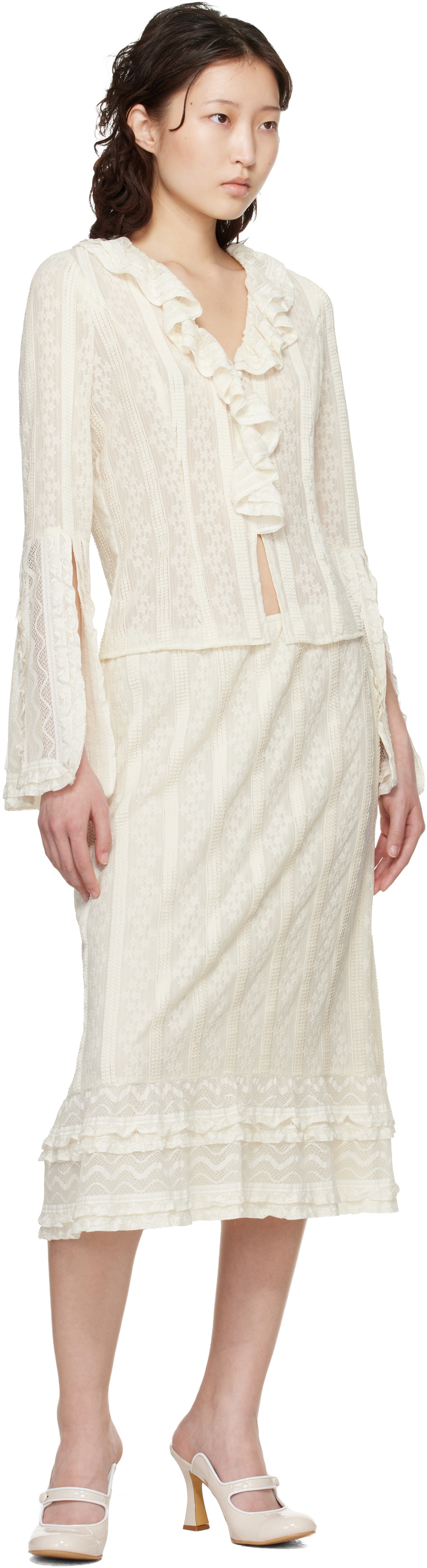 Anna Sui Off-White Floral Ruffle Stretch Lace Blouse