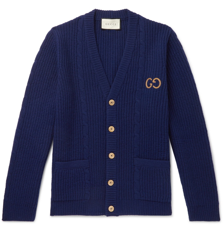 Photo: Gucci - Logo-Embroidered Cable-Knit Wool Cardigan - Blue