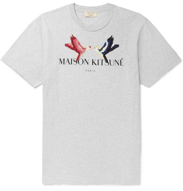 Photo: Maison Kitsuné - Embroidered Logo-Print Mélange Cotton-Jersey T-Shirt - Gray