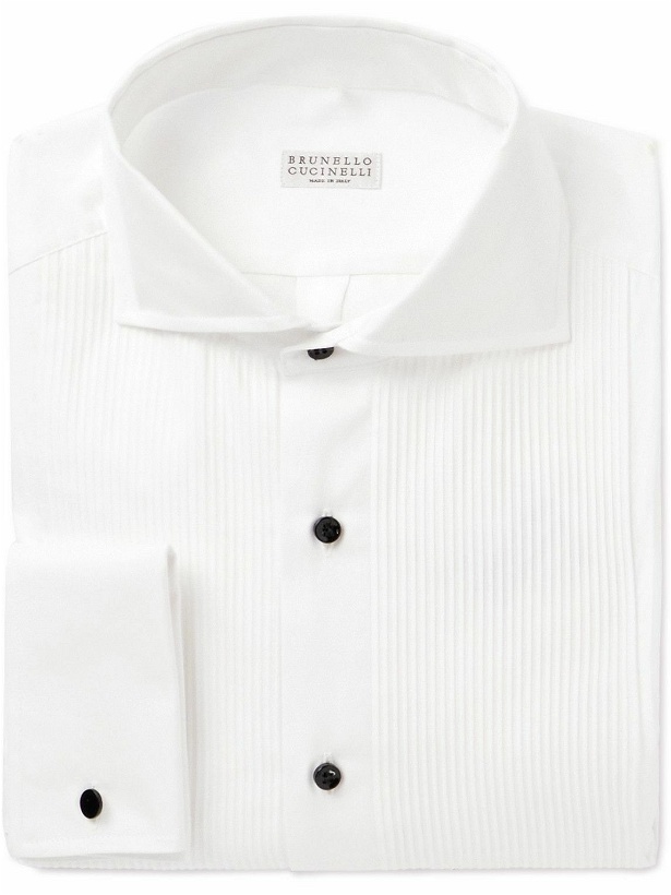 Photo: Brunello Cucinelli - Cutaway-Collar Bib-Front Cotton-Poplin Tuxedo Shirt - White