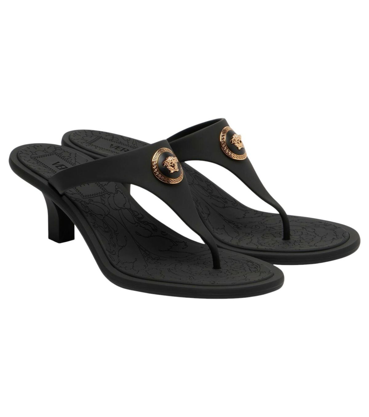 【Versace】 Fendace embellishedサテンサンダル Fendace embellished satin sandals in black - Versace | Mytheresa