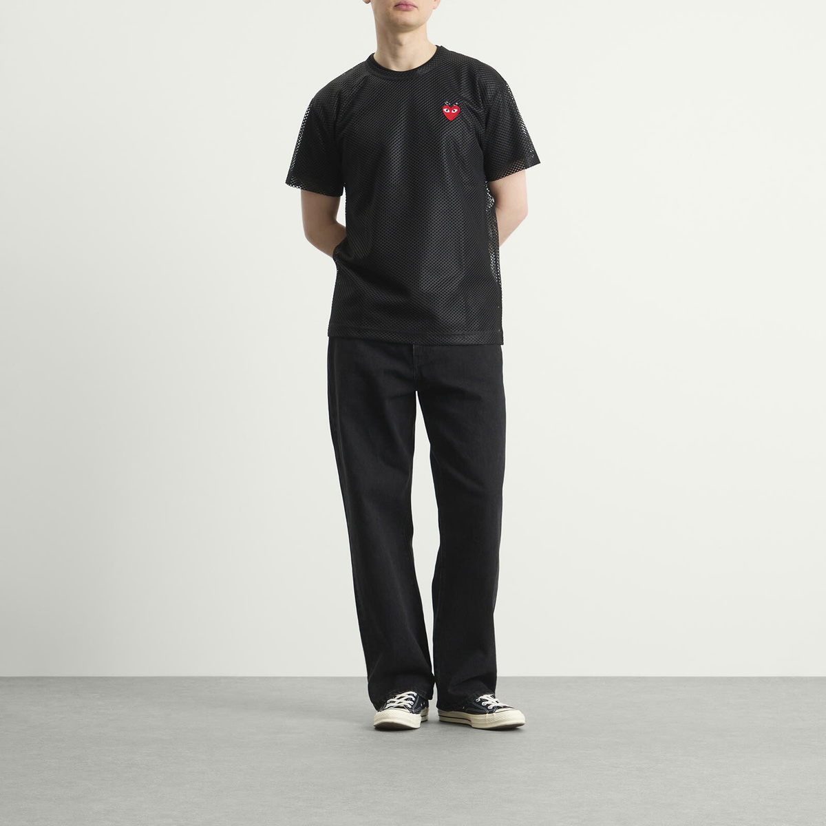 Comme des Garçons Play Mesh T-Shirt Red Emblem in Black