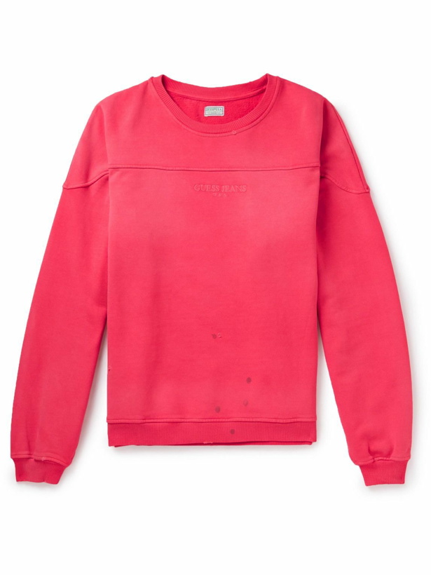 Photo: Guess USA - Distressed Logo-Embroidered Cotton-Jersey Sweatshirt - Red