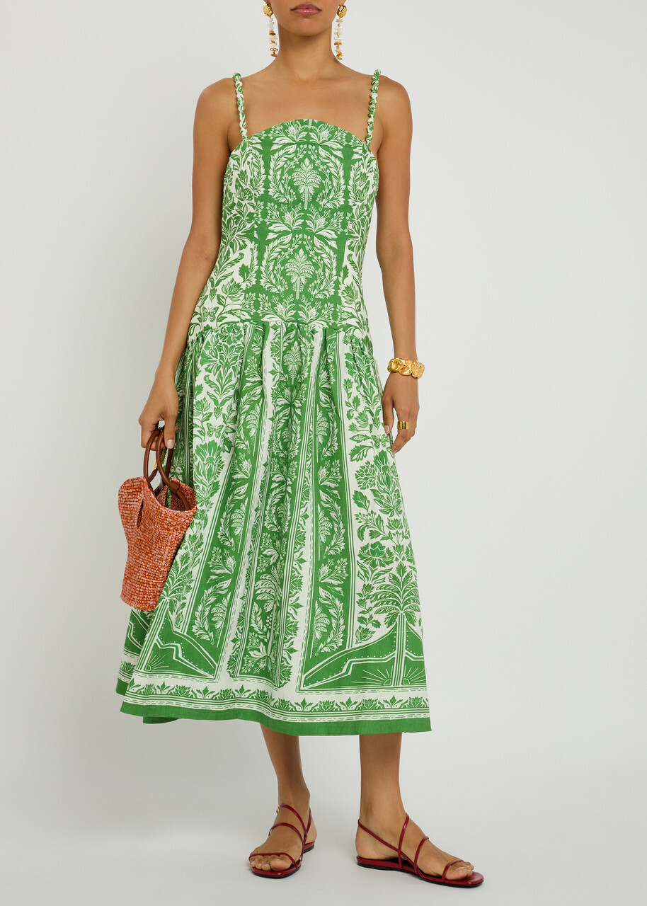 Farm Rio Tapestry Printed Linen Midi Dress Green Farm Rio