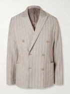 NN07 - Jordin 10058 Double-Breasted Striped Cotton-Blend Herringbone Blazer - Brown