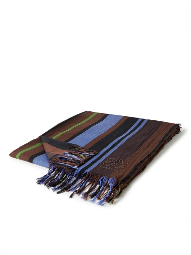 Photo: Loewe - Fringed Logo-Embroidered Striped Cotton-Voile Blanket