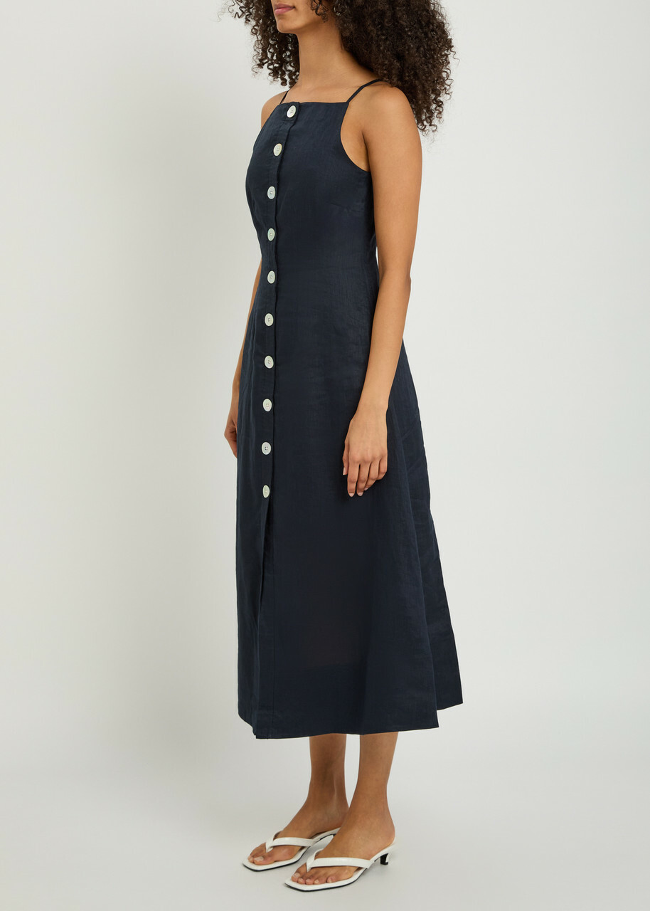 Veronica Beard Georges Button-up Linen Midi Dress Navy