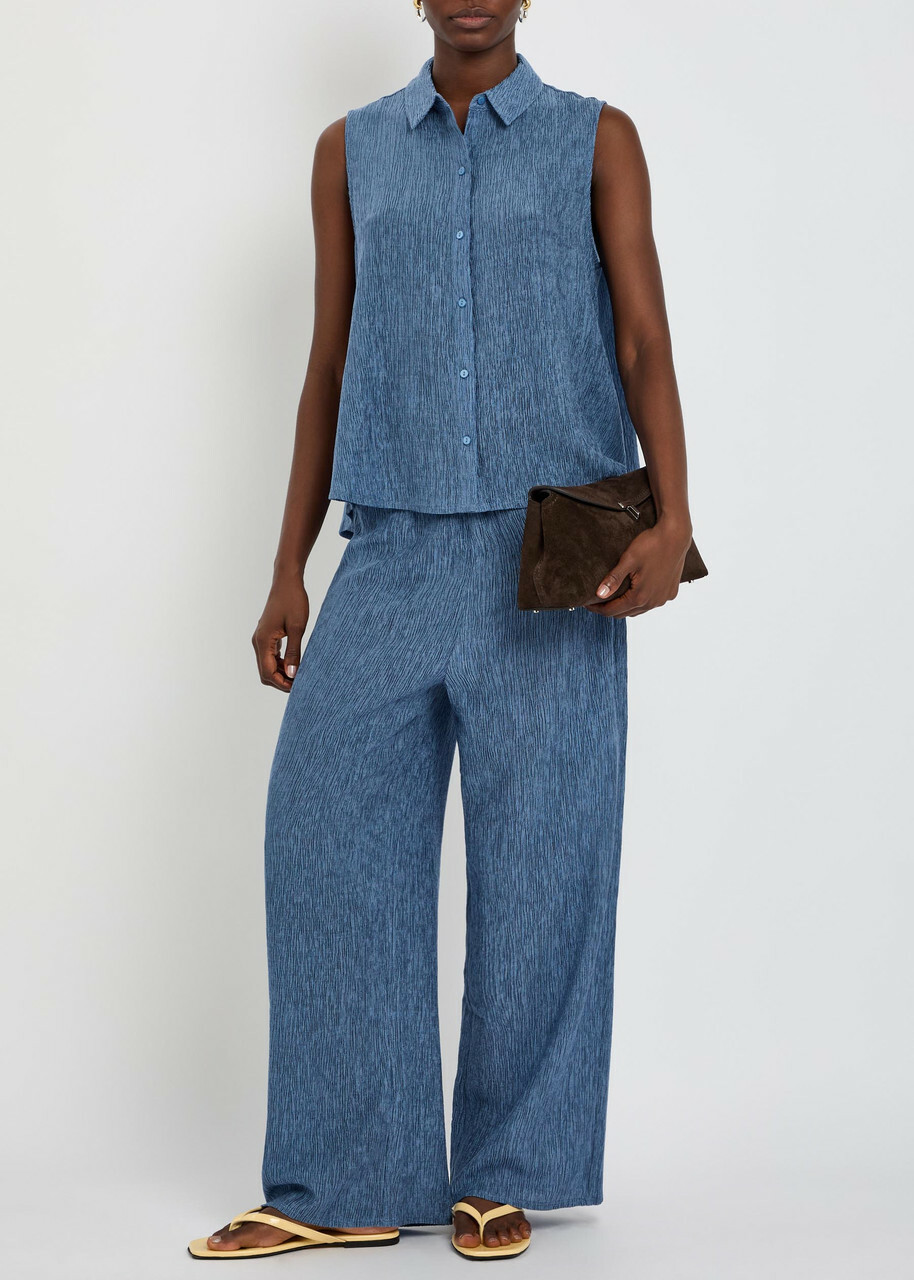 Eileen Fisher Crinkled Wide-leg Woven Trousers Blue