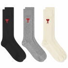 AMI Paris Men's A Heart Sock - 3 Pack in White/Grey/Black