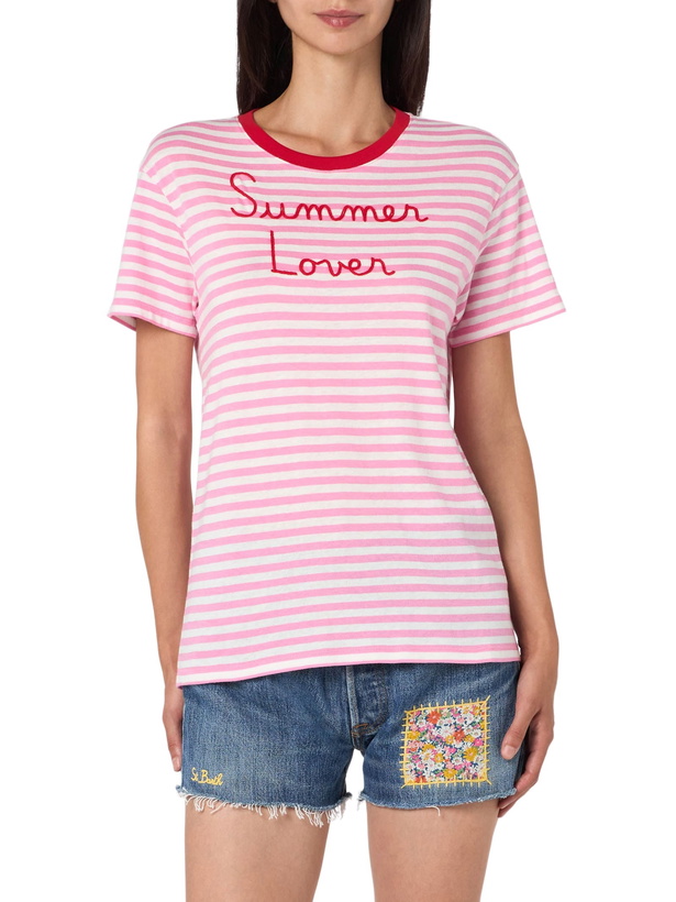 Photo: MC2 Saint Barth Woman Striped Cotton Jersey Crewneck T-shirt Emiilie With Summer Lover Embroidery