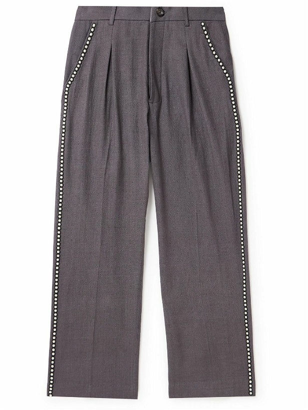 Photo: Karu Research - Throwing Fits Straight-Leg Faux-Pearl Embellished Pleated Cotton Trousers - Gray