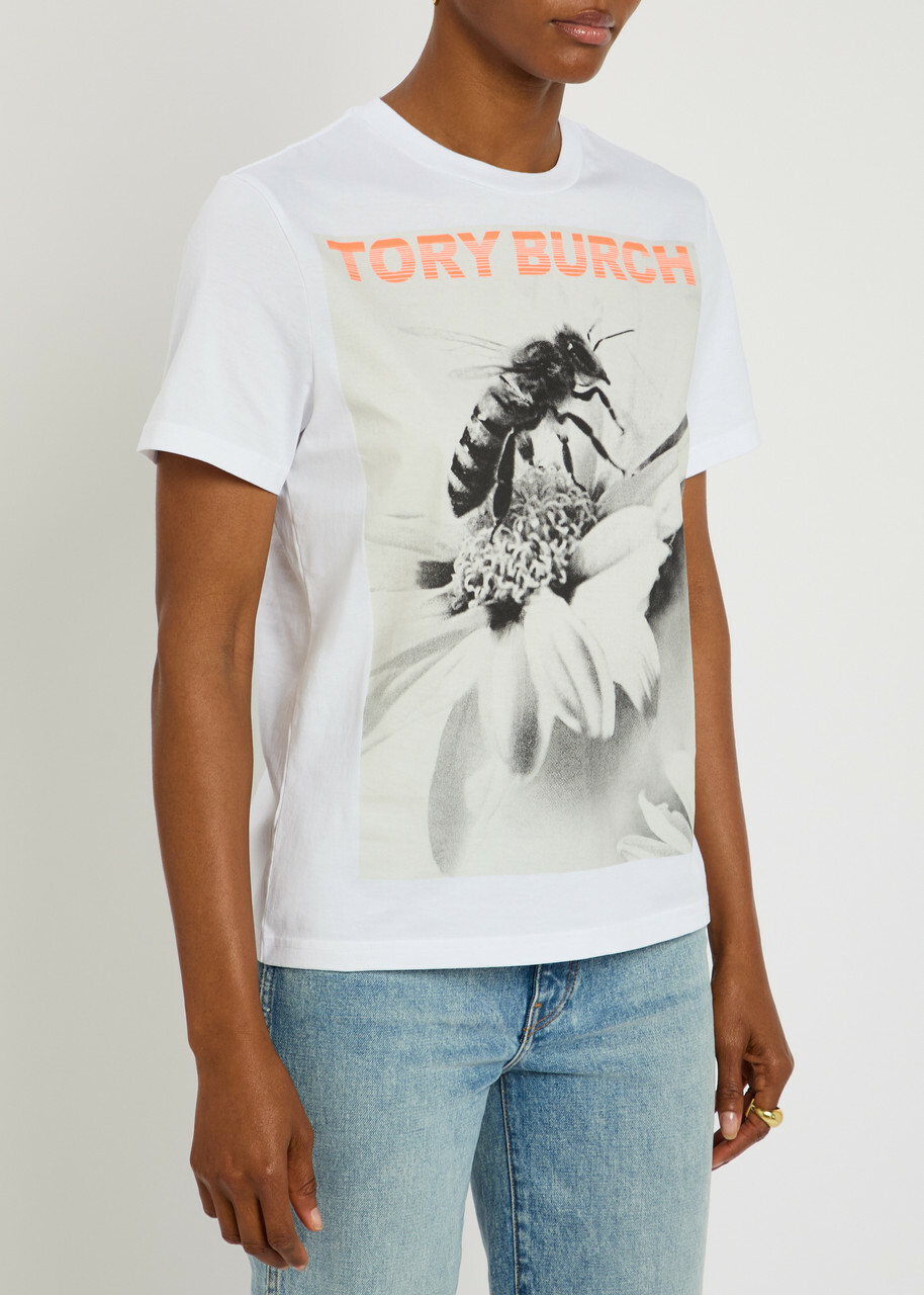 Tory Burch Printed Cotton T-shirt White And Grey