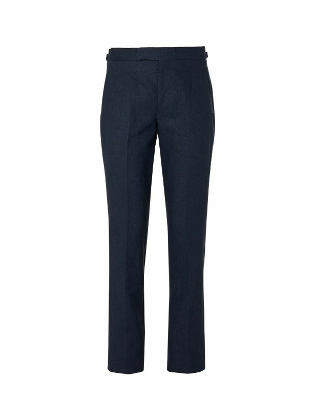 Photo: Anderson & Sheppard - Slim-Fit Pleated Linen Trousers - Blue