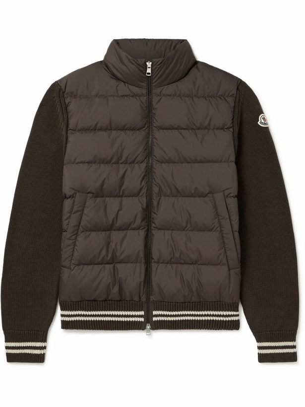Photo: Moncler - Logo-Appliquéd Ribbed Cotton and Quilted Shell Down Cardigan - Brown