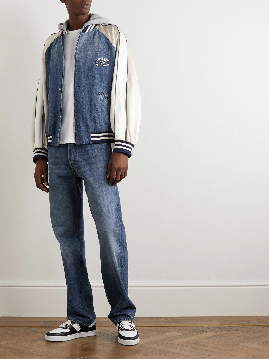 Valentino - Cotton-Jersey, Satin and Denim Hooded Bomber Valentino - Cotton-Jersey, Satin and Denim Hooded Bomber