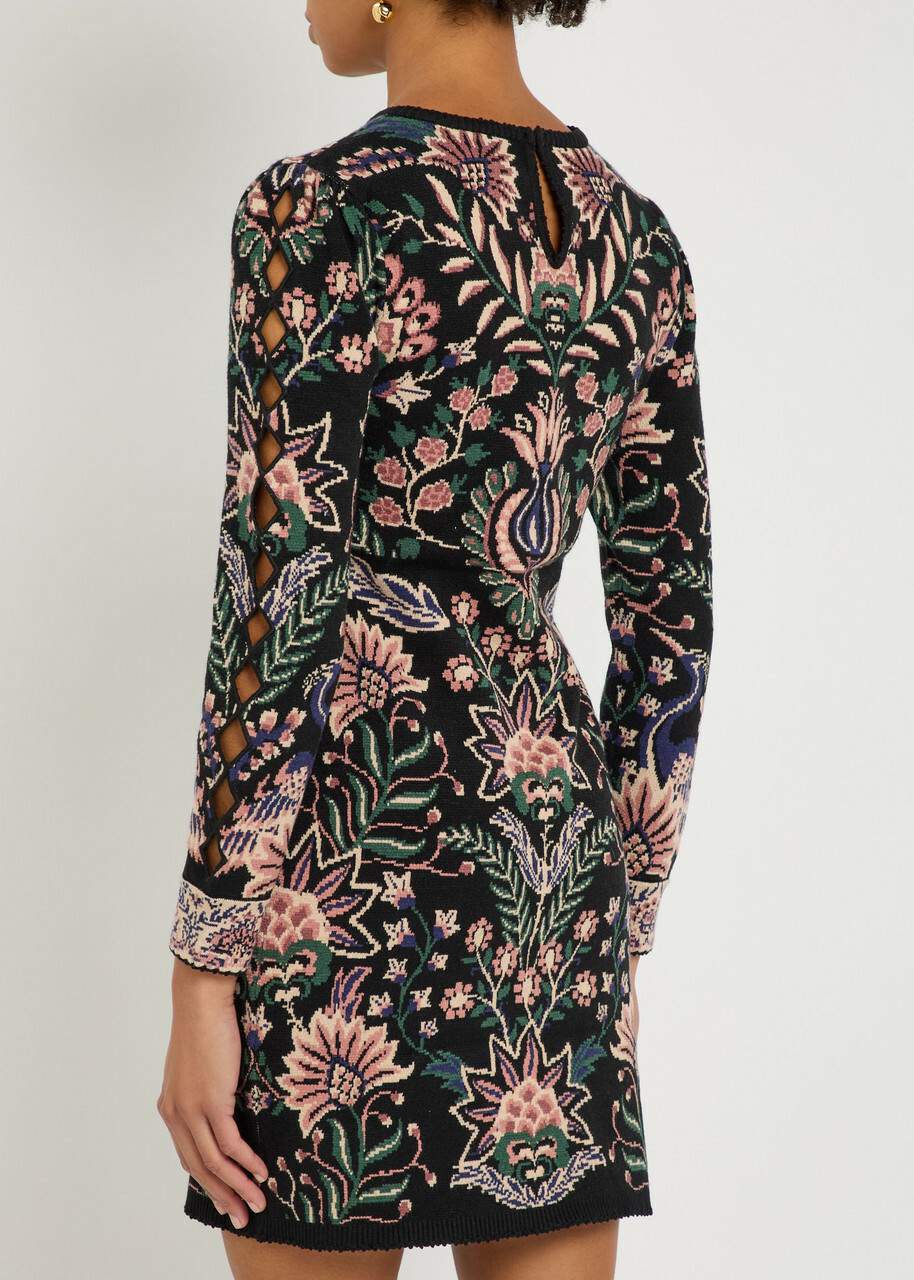 Farm Rio Marvelous Garden Floral-jacquard Knit Mini Dress Black