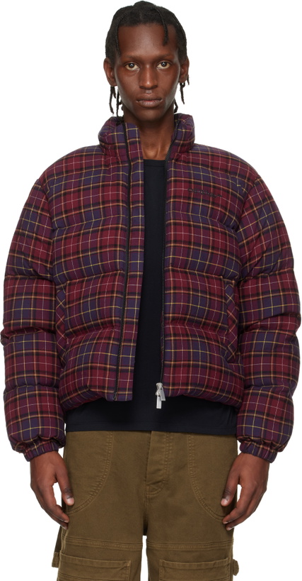 Photo: Off-White Burgundy Spray Arrow Check Flannel Down Jacket