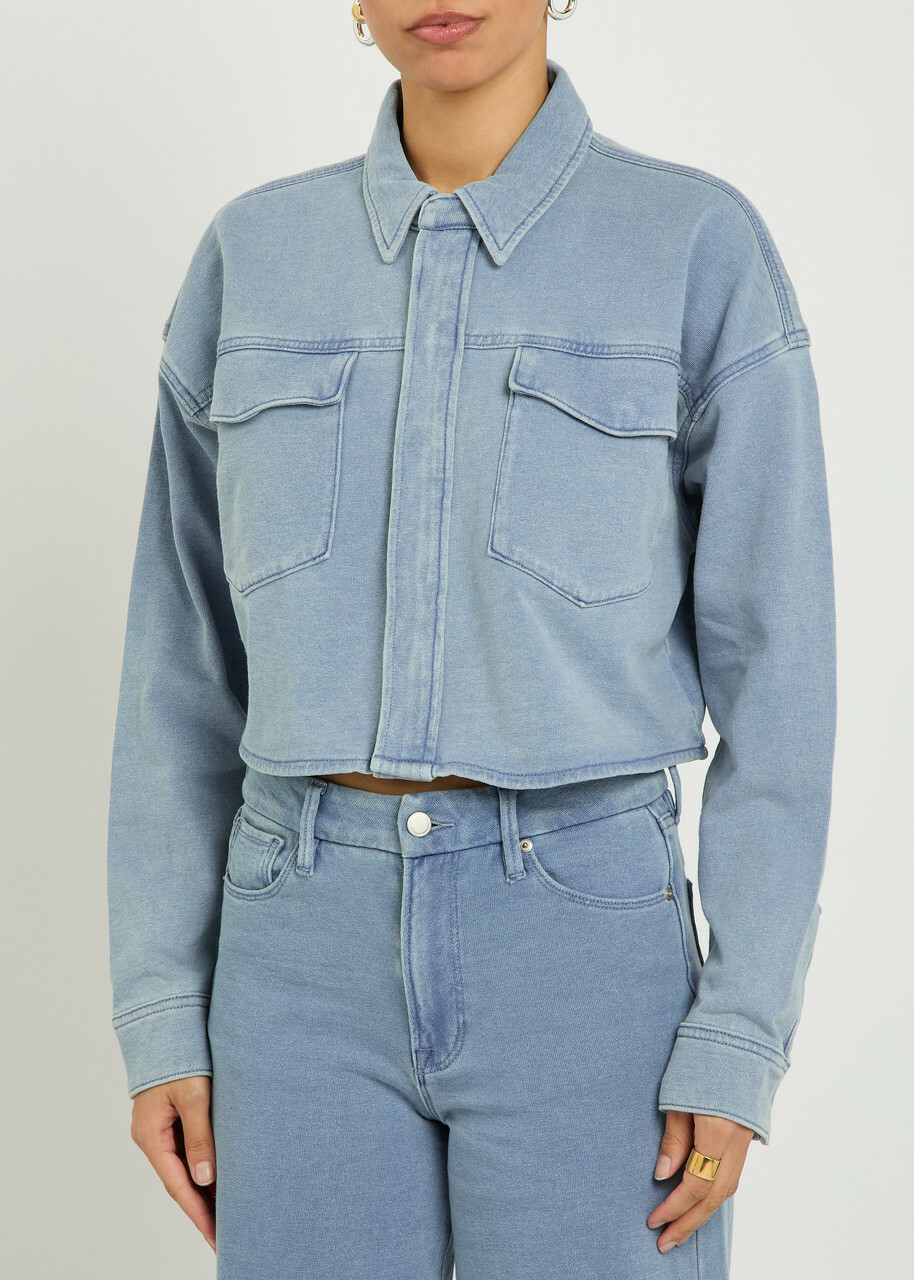 Good American Jeanius Cropped Denim Jacket Light Blue