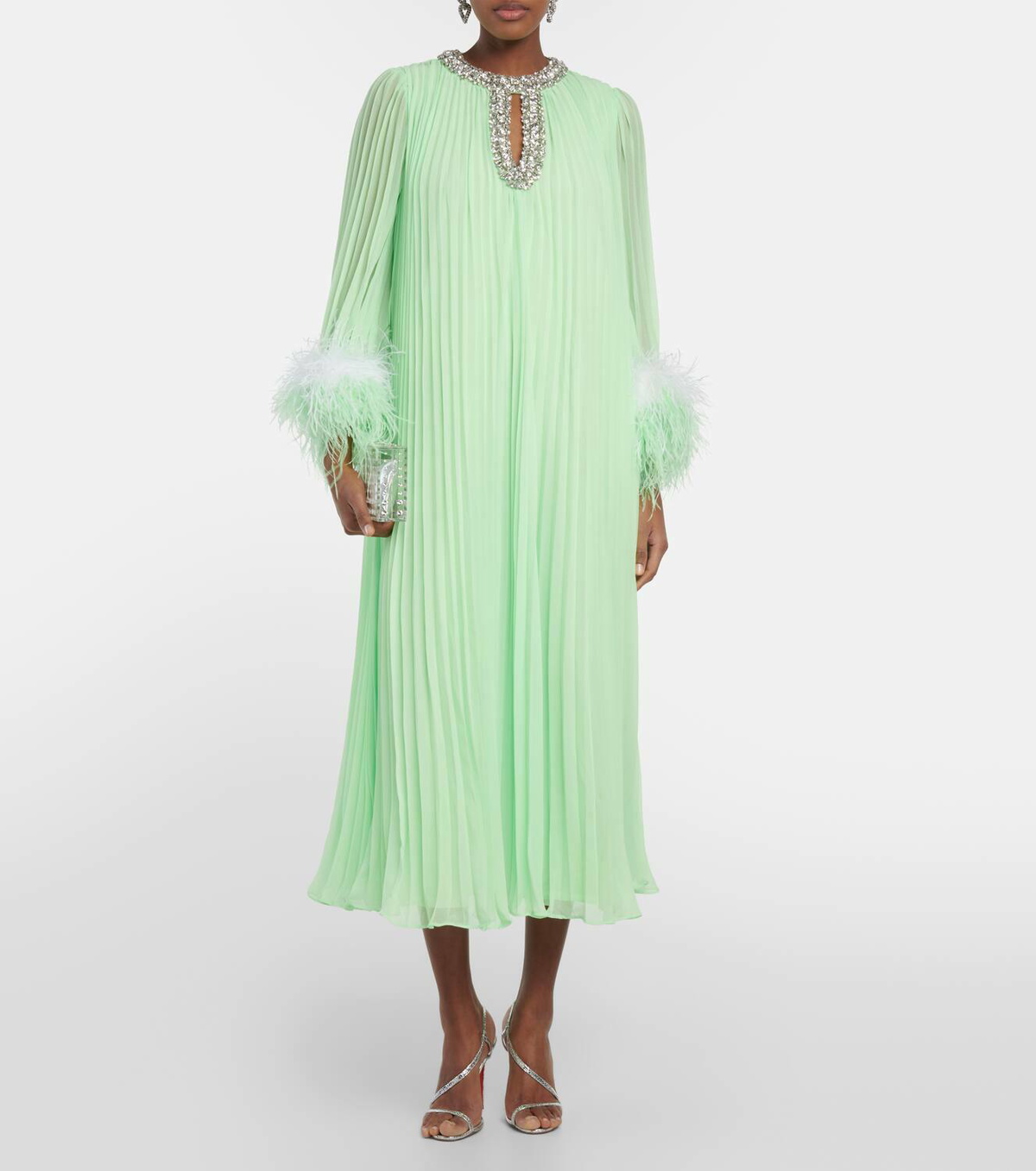 Self-Portrait Pleated feather-trimmed chiffon gown Self-Portrait