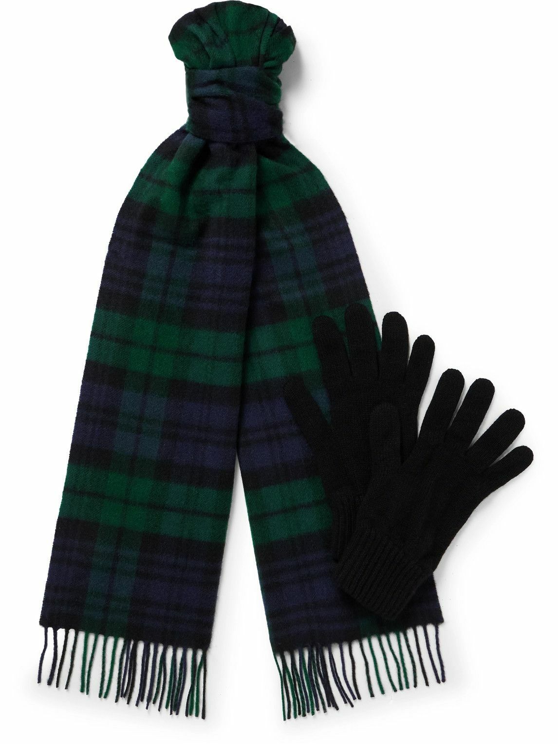 Johnstons of Elgin - Fringed Checked Cashmere Scarf and Gloves Set