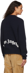 Palm Angels Navy Curved Logo V-Neck Sweater