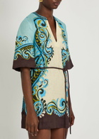 Alemais Natalia Printed Belted Linen Mini Dress Cream