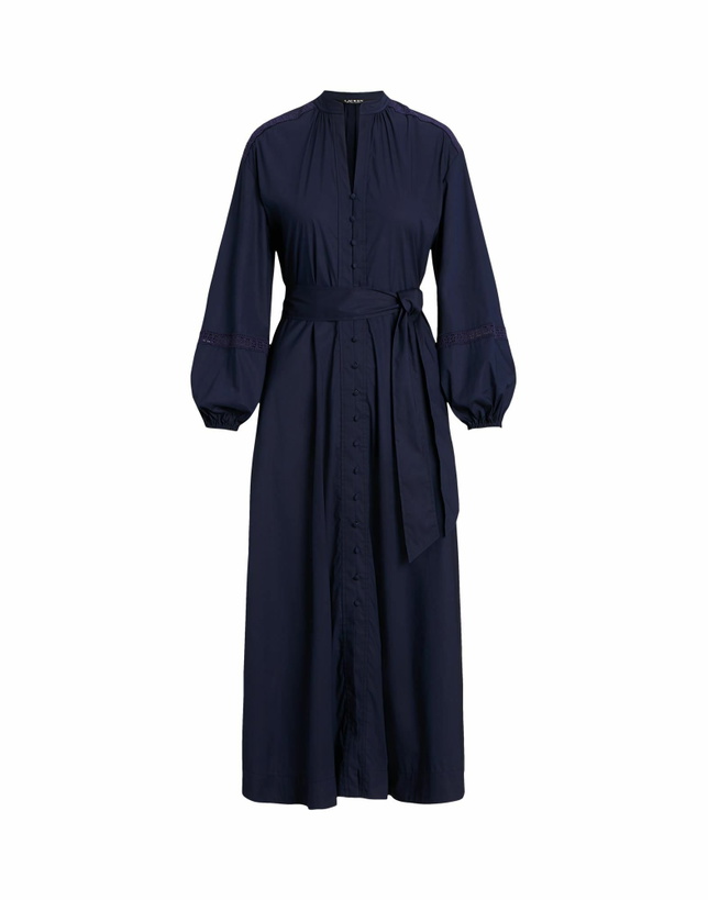 Photo: Lauren Ralph Lauren Lace-trim Belted Cotton Shirtdress Womens Midi dress in Navy