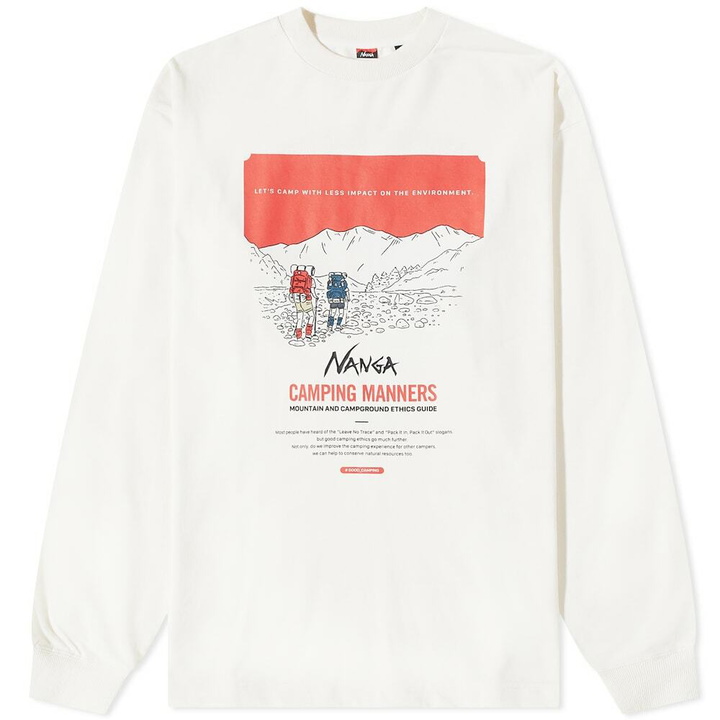 Photo: Nanga Men's Long Sleeve Eco Hybrid Camping Print T-Shirt in White