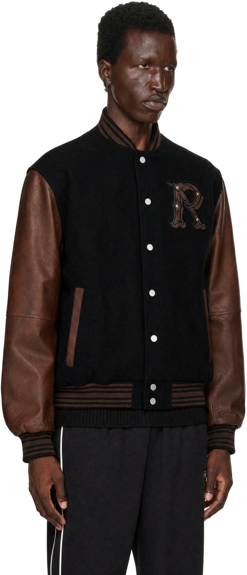 Represent Black Faux-Leather Varsity Bomber Jacket