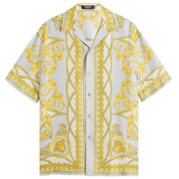 Photo: Versace Men's Baroque Silk Vacation Shirt in Concrete Mid Bone Gold