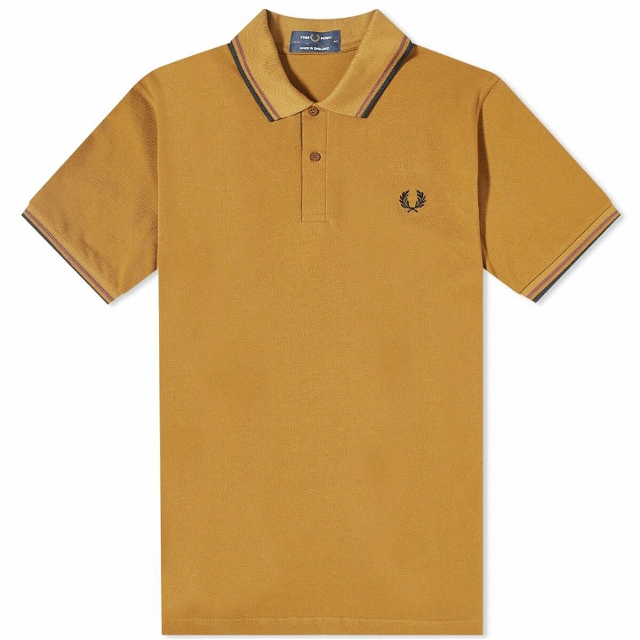 Photo: Fred Perry Men's Twin Tipped Polo Shirt - Made in England in Dark Caramel/Whisky Brown/Black