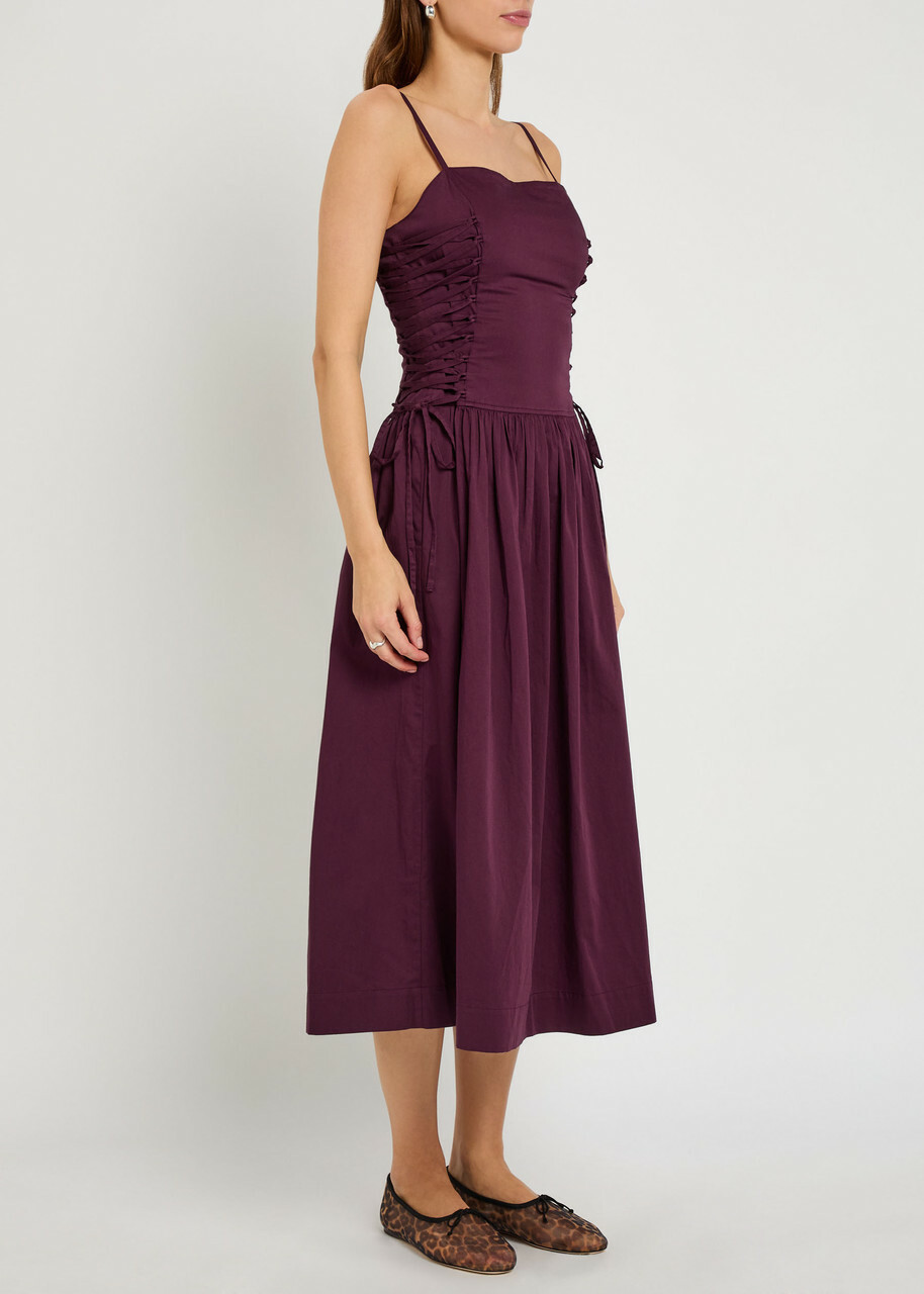 Damson Madder Angelina Lace-up Cotton-poplin Midi Dress Purple
