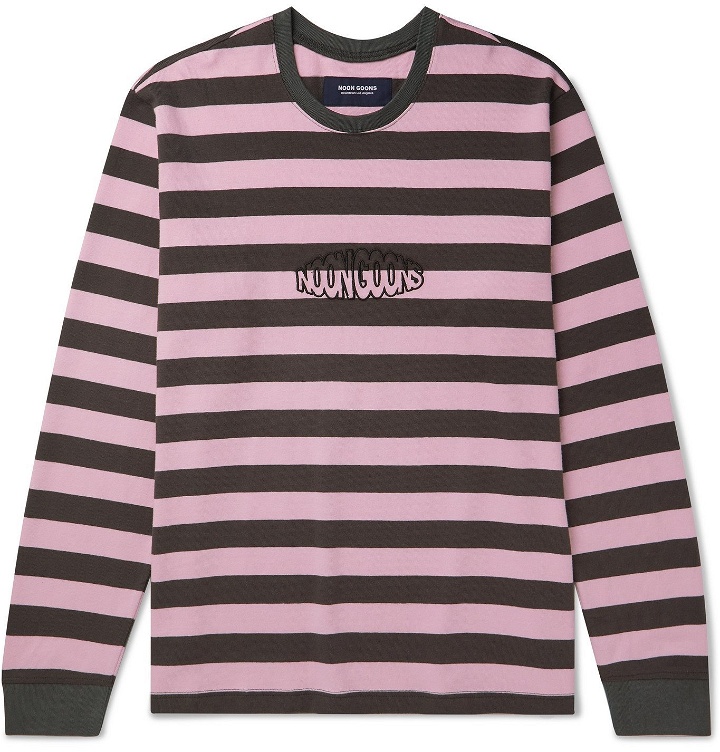 Photo: Noon Goons - Jalama Logo-Embroidered Striped Cotton-Jersey T-Shirt - Pink