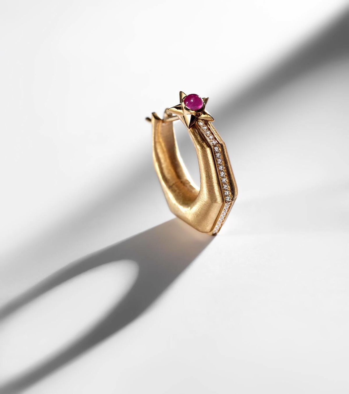 Marie Lichtenberg Baba Medium 18kt gold single hoop earring with diamonds and ruby