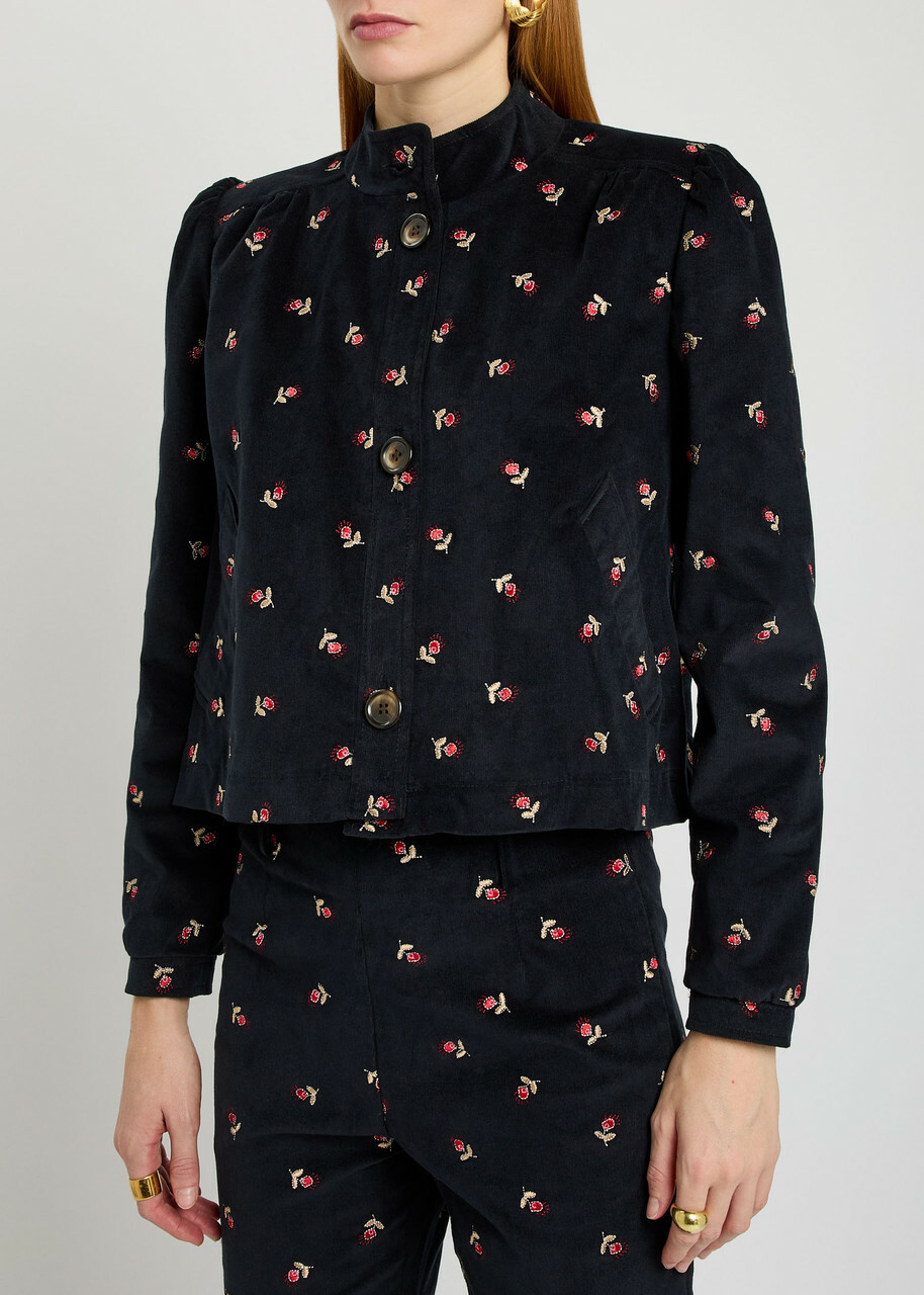 Rixo Nyla Floral-embroidered Fine Cord Jacket Navy