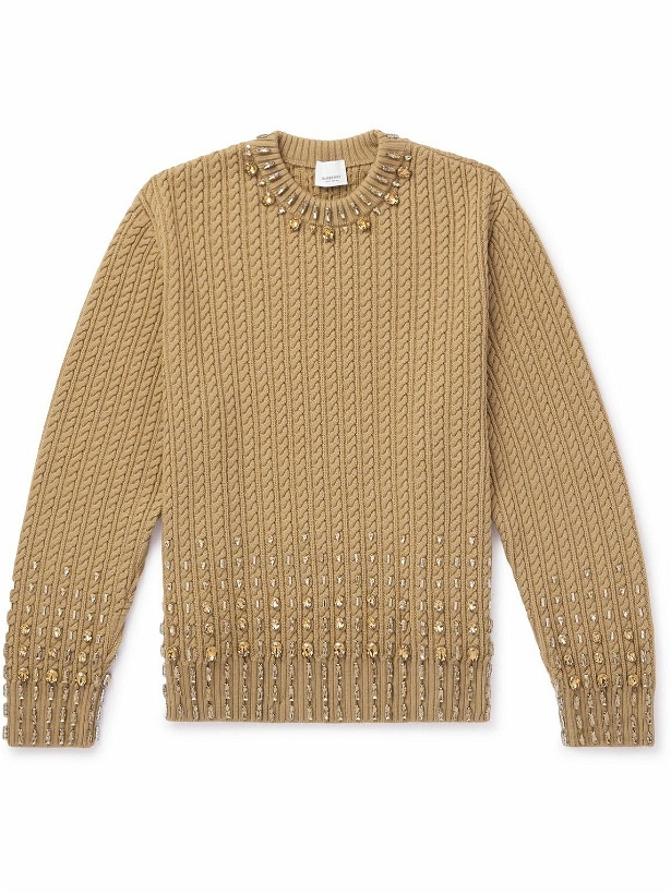 Photo: Burberry - Crystal-Embellished Cable-Knit Wool-Blend Sweater - Neutrals