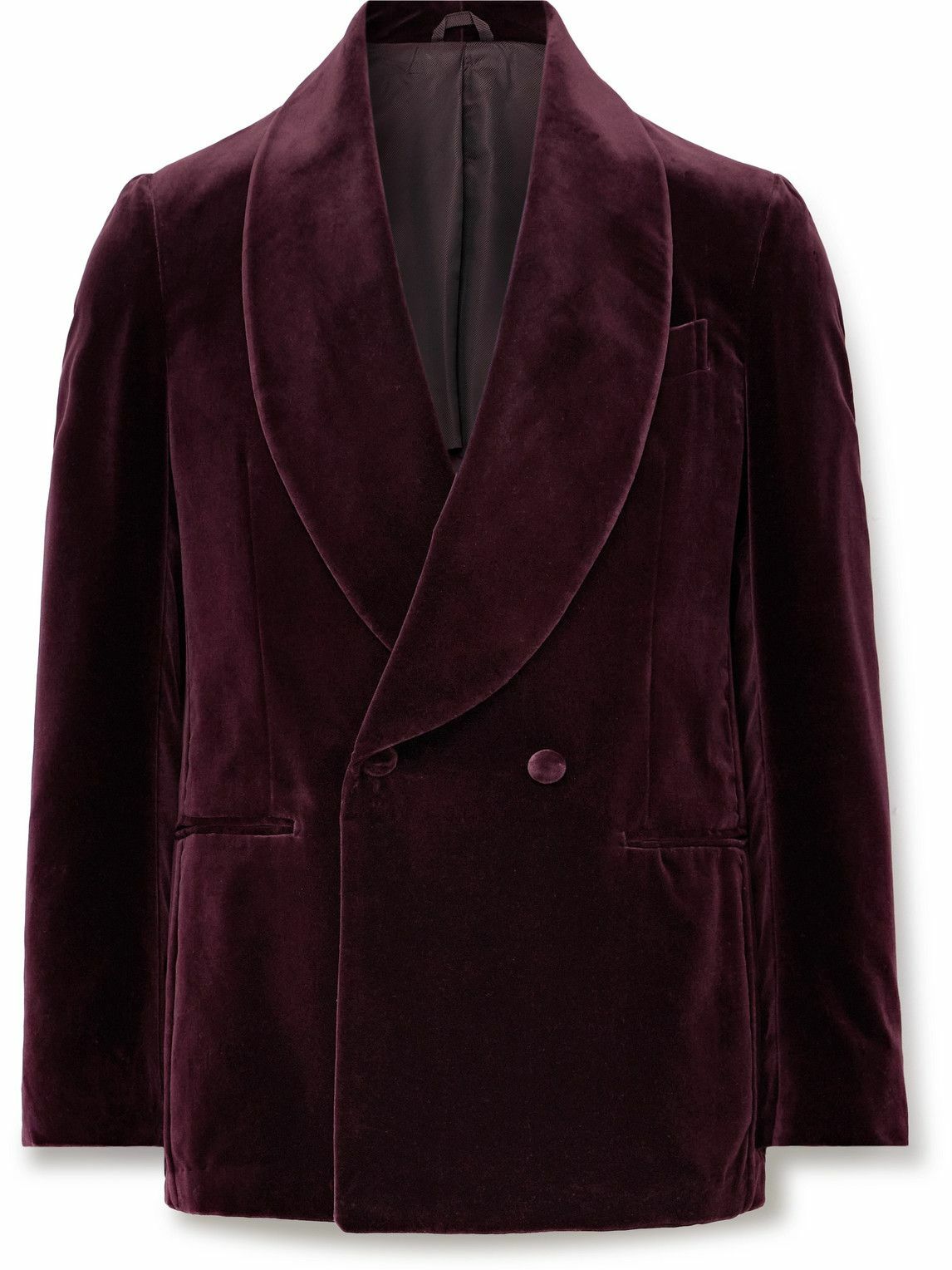 De Petrillo - Slim-Fit Shawl-Lapel Double-Breasted Cotton-Velvet Tuxedo Jacket - Burgundy