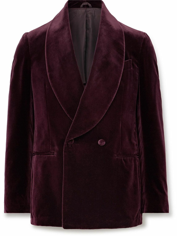 Photo: De Petrillo - Slim-Fit Shawl-Lapel Double-Breasted Cotton-Velvet Tuxedo Jacket - Burgundy