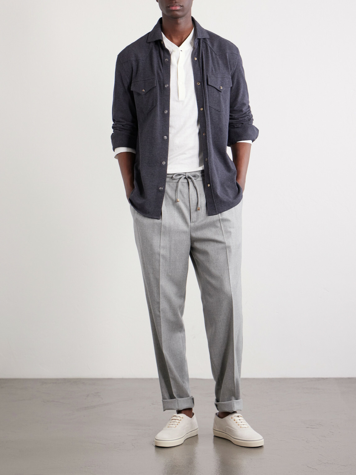 Brunello Cucinelli - Tapered Pleated Virgin Wool-Flannel Drawstring Trousers - Gray