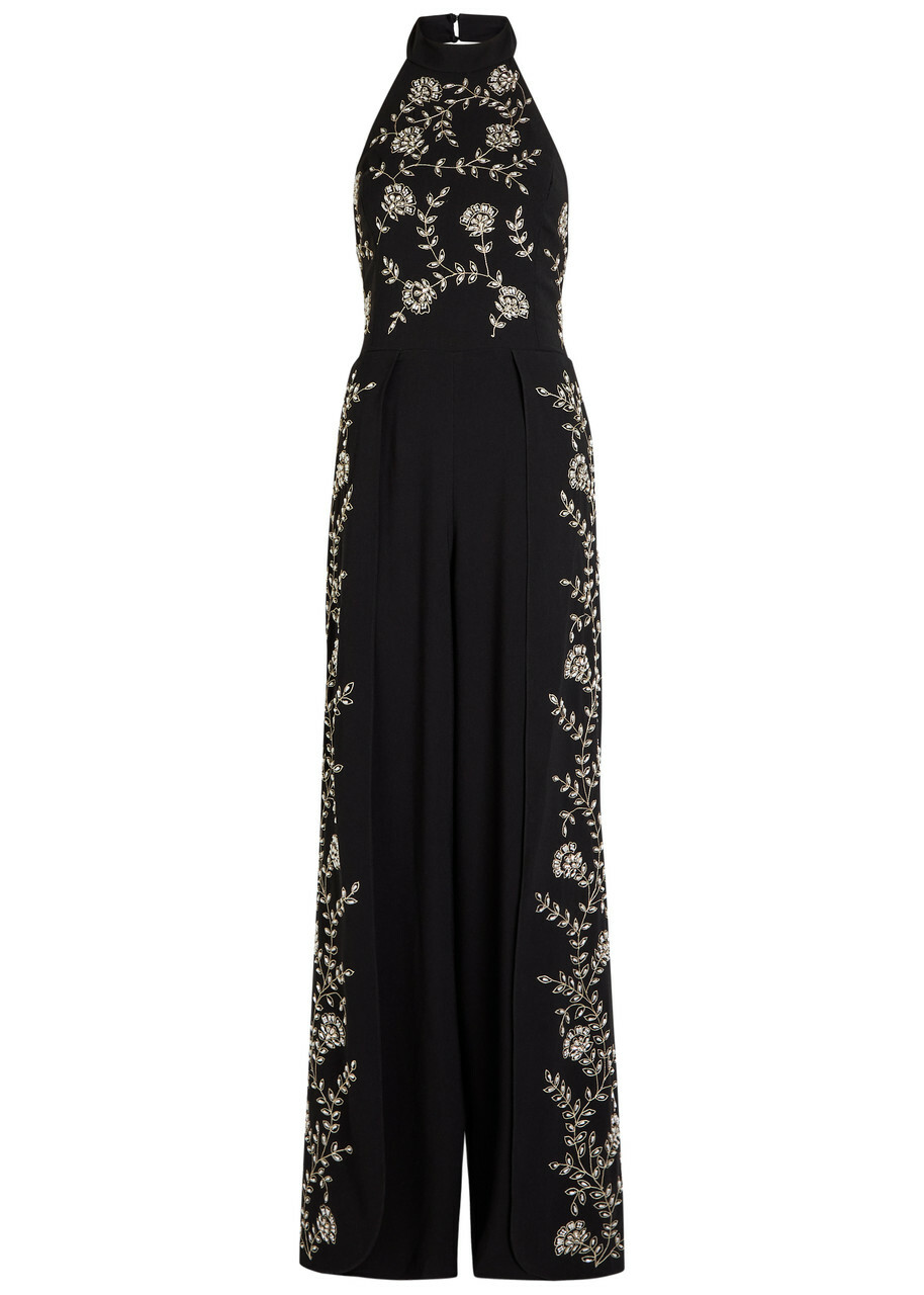 Alice + Olivia Gatz Floral-embellished Crepe Jumpsuit Black
