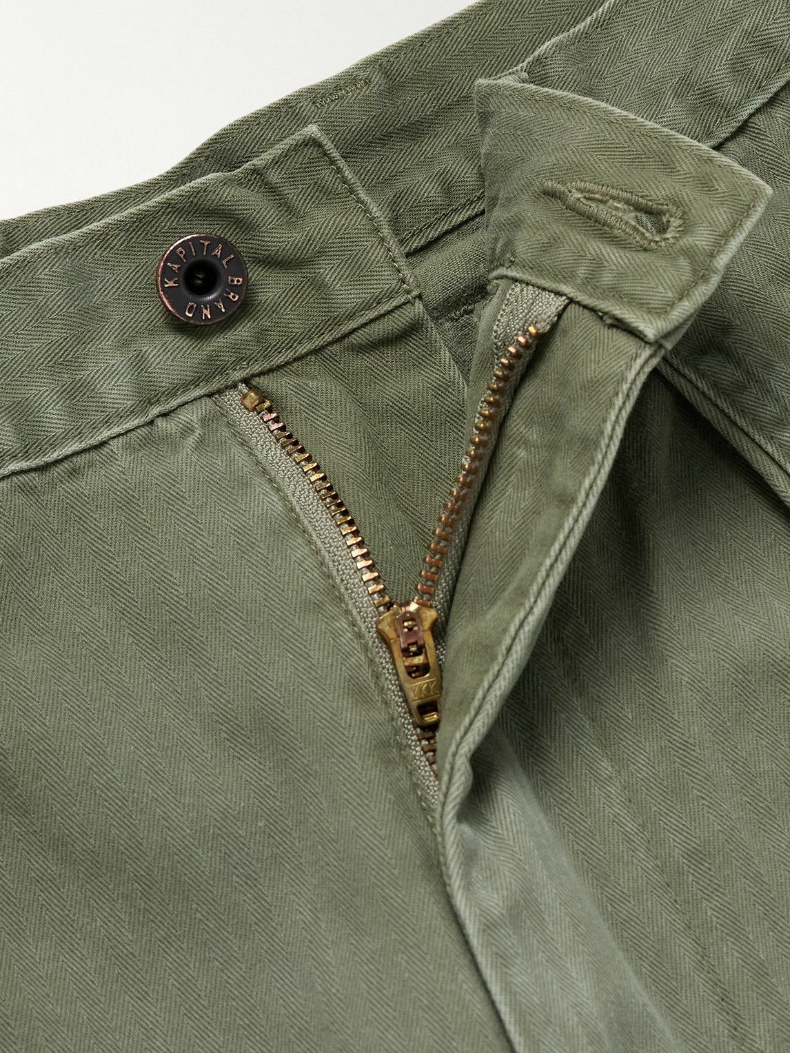 KAPITAL - Fatigue Wide-Leg Pleated Cotton-Herringbone Trousers - Green