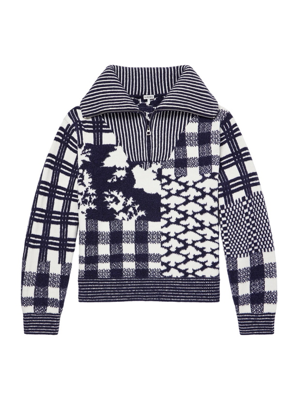 Photo: LOEWE - Checked Wool-Blend Half-Zip Sweater - Blue
