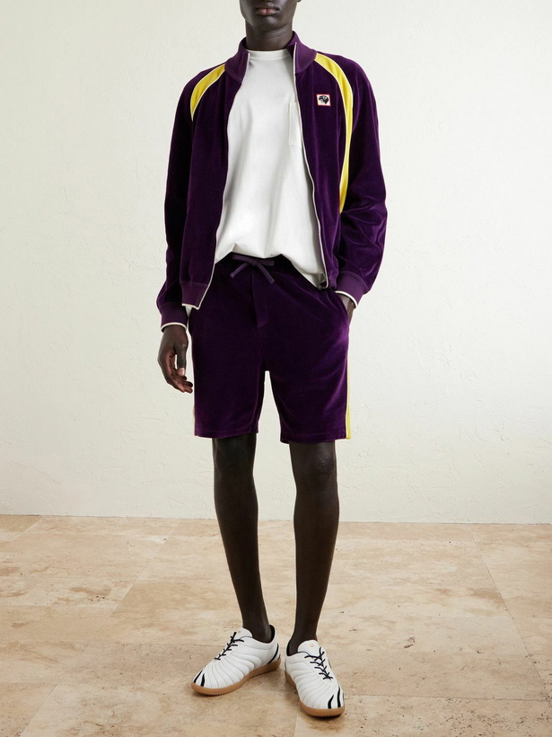 Photo: Valentino Garavani - Slim-Fit Appliquéd Cotton-Blend Velvet Shorts - Purple