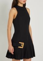 Balmain Belted Pleated Wool Mini Dress Black