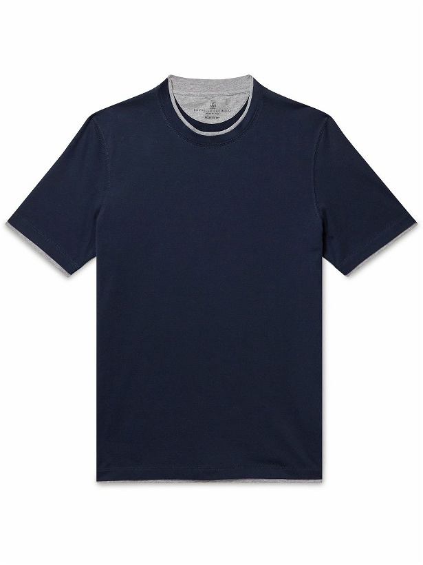 Photo: Brunello Cucinelli - Layered Logo-Embroidered Cotton-Jersey T-Shirt - Blue
