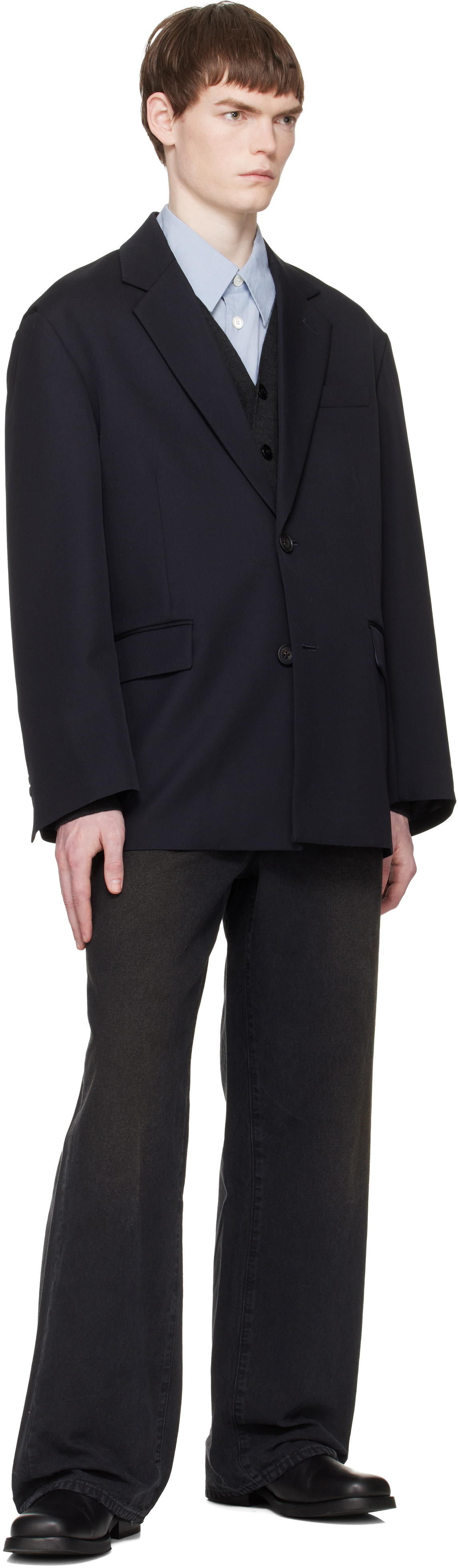 stein Navy Wool Kersey Oversized Single Breasted Blazer