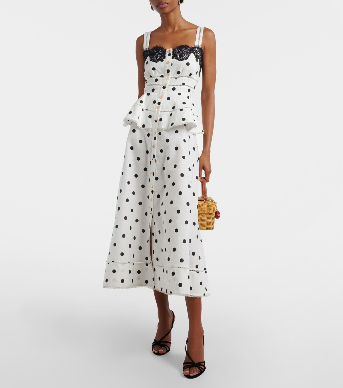 Self-Portrait Polka-dot linen and cotton midi dress